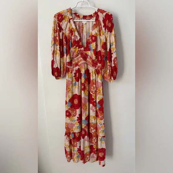 Bohme Floral Smocked Waist Boho Maxi Dress | V-Neck Romantic Print - Picture 3 of 11